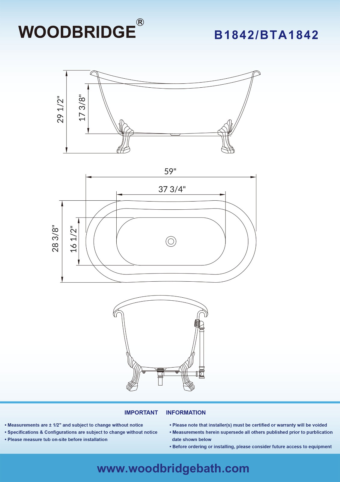 ᐅWOODBRIDGE 59 Heavy Duty Acrylic Double Slipper Clawfoot Bath Tub in