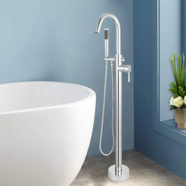 ᐅ【WOODBRIDGE F0001BNRD Contemporary Single Handle Floor Mount Freestanding  Tub Filler Faucet with Hand shower in Brushed Nickel Finish.-WOODBRIDGE】