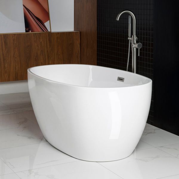 ᐅ【WOODBRIDGE 59 Acrylic Freestanding Bathtub Contemporary Soaking Tub with  Brushed Nickel Overflow and Drain,White Tub,B0014-B/N-Drain&O-WOODBRIDGE】