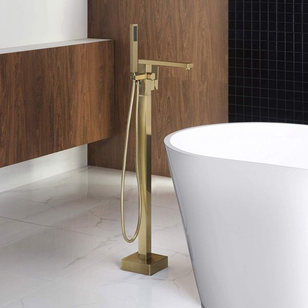 Modern Style Floor Mounted Tub Shower Faucets Unique Design Single Handle  Brass Tub Filler Home Bathroom Free Standing Bathtub Shower Taps, Gold  Finish 