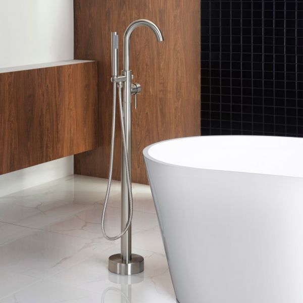 ᐅ【WOODBRIDGE F0001BNRD Contemporary Single Handle Floor Mount Freestanding  Tub Filler Faucet with Hand shower in Brushed Nickel Finish.-WOODBRIDGE】