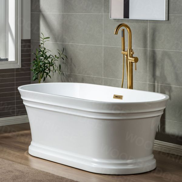 ᐅ【WOODBRIDGE 67 in. Freestanding Double Ended Acrylic Soaking Bathtub with  Center Drain Assembly and Overflow, BTA1537/B1537, Glossy White-WOODBRIDGE】