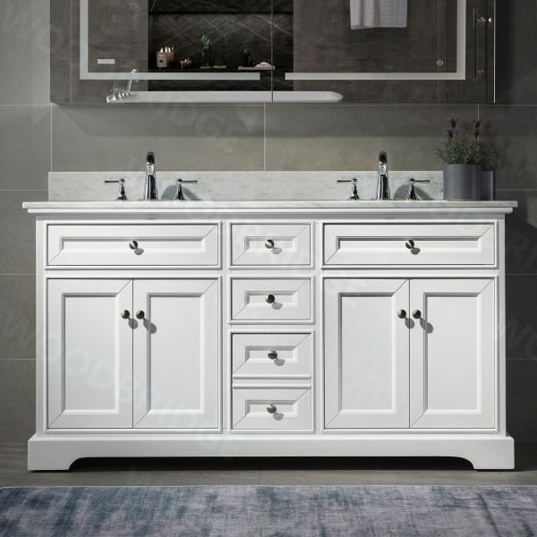 ᐅ【WOODBRIDGE London 60"Bathroom Vanity with authentic Italian Carrara Marble top 8" faucet holes