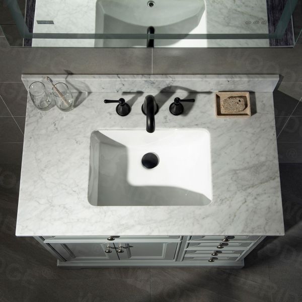 ᐅ【WOODBRIDGE London 60Bathroom Vanity with Engineered Marble White Carrara  Color top 8 faucet holes, Double Rectangle Undermount Sinks, 4 Soft Closing  Doors and 3 full Extension Dovetail Drawers