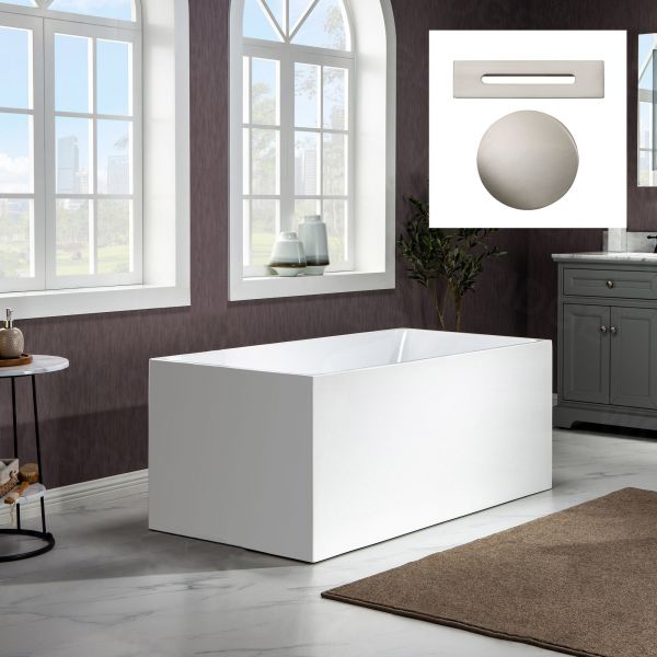 ᐅ【WOODBRIDGE 59 Acrylic Freestanding Bathtub Contemporary Soaking Tub with  Brushed Nickel Overflow and Drain,White Tub,B0014-B/N-Drain&O-WOODBRIDGE】