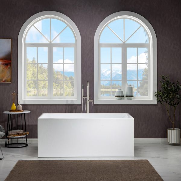 ᐅ【WOODBRIDGE 59 Acrylic Freestanding Bathtub Contemporary Soaking Tub with  Brushed Nickel Overflow and Drain,White Tub,B0014-B/N-Drain&O-WOODBRIDGE】