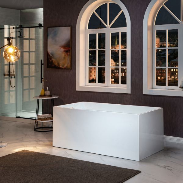 ᐅ【WOODBRIDGE 59 Acrylic Freestanding Bathtub Contemporary Soaking Tub with  Brushed Nickel Overflow and Drain,White Tub,B0014-B/N-Drain&O-WOODBRIDGE】