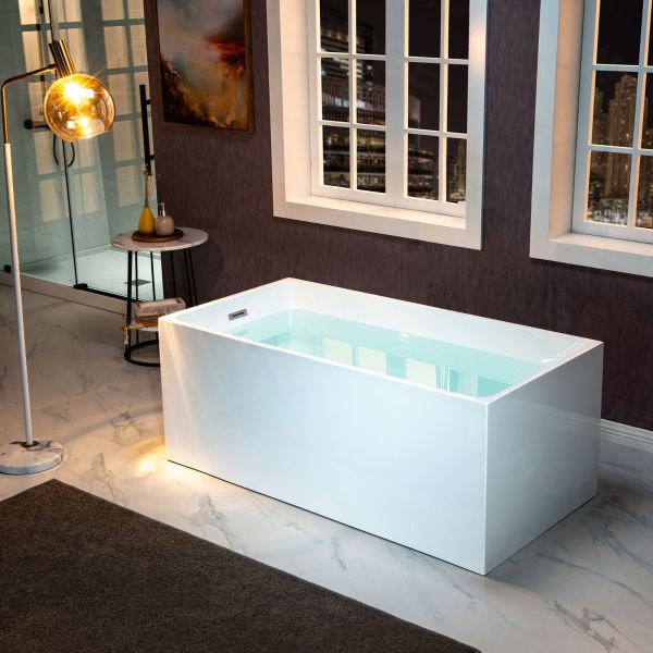 ᐅ【WOODBRIDGE 59 Acrylic Freestanding Bathtub Contemporary Soaking Tub with  Brushed Nickel Overflow and Drain,White Tub,B0014-B/N-Drain&O-WOODBRIDGE】