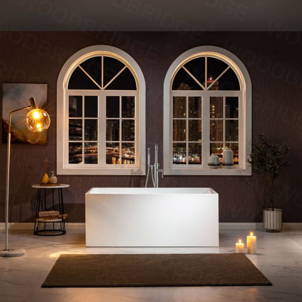 ᐅ【WOODBRIDGE 59 Acrylic Freestanding Bathtub Contemporary Soaking Tub with  Brushed Nickel Overflow and Drain,White Tub,B0014-B/N-Drain&O-WOODBRIDGE】