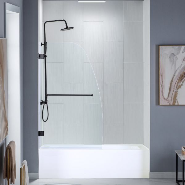 ᐅ【WOODBRIDGE MTDB3458-MBL, Frameless Hinged Bathtub Shower, 5/16 Tempered  Panel, 34 W x 58 H Tub Glass Door in Matte Black Finish, Include Towel Bar -WOODBRIDGE】