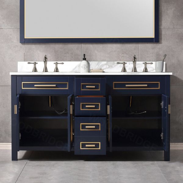  WOODBRIDGE Milan  61” Floor Mounted Single Basin Vanity Set with Solid Wood Cabinet in Navy Blue and Engineered stone composite Vanity Top in Fish Belly White with Pre-installed Undermount Rectangle Bathroom Sink and Pre-Drilled 3-Hole for 8” Widespread F_4633
