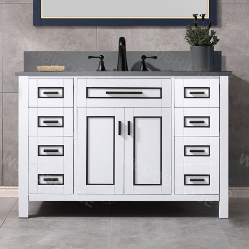 WOODBRIDGE Milan  49” Floor Mounted Single Basin Vanity Set with Solid Wood Cabinet in White and Engineered stone composite Vanity Top in Dark Gray with Pre-installed Undermount Rectangle Bathroom Sink in White and Pre-Drilled 3-Hole for 8” Widespread Fau