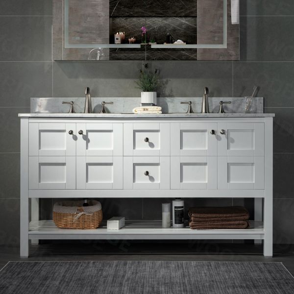 ᐅ【WOODBRIDGE London 60Bathroom Vanity with Engineered Marble White Carrara  Color top 8 faucet holes, Double Rectangle Undermount Sinks, 4 Soft Closing  Doors and 3 full Extension Dovetail Drawers