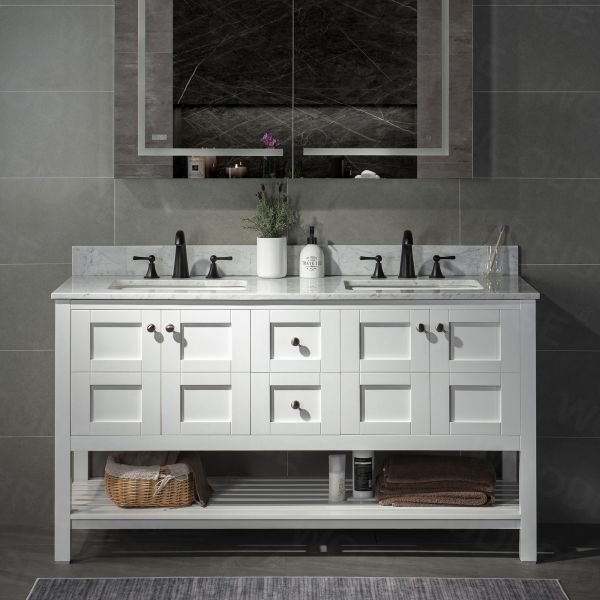 Bianco 60 Double Bathroom Vanity in Light Brown with Brushed Gold Support Base and White Composite Stone Countertop Without Mirror