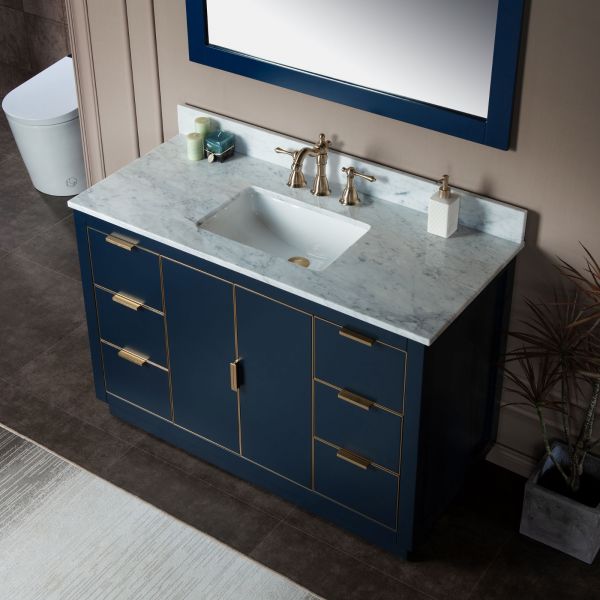 ᐅ【WOODBRIDGE Venice 36x21x33 Solid Wood Bath Vanities Side Cabinet in  Navy Blue and Gold Trim and Carrara Marble Vanity Top Cabinet with 3  Pre-Drilled Holes for 4-inches Centerset Faucet.-WOODBRIDGE】