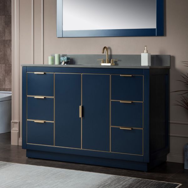 ᐅ【WOODBRIDGE Venice 48x21x33 Solid Wood Bath Vanities Side Cabinet in  Navy Blue with Gold Trim and Engineered Stone Composite Vanity Top in  Carrara White 3 Pre-Drilled Holes for 8-inch Widespread Faucet.-WOODBRIDGE】