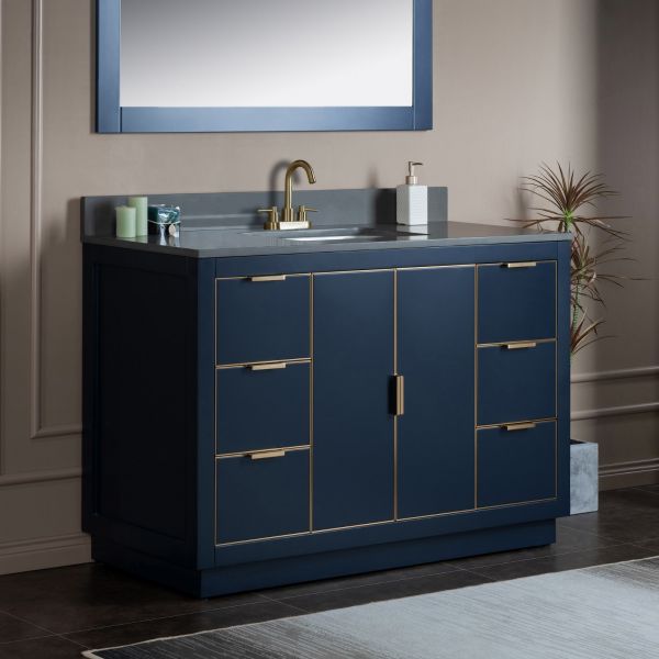 ᐅ【WOODBRIDGE Venice 48x21x33 Solid Wood Bath Vanities Side Cabinet in  Navy Blue and Gold Trim and Carrara Marble Vanity Top Cabinet with  Pre-Drilled Hole for Single Hole Faucet.-WOODBRIDGE】