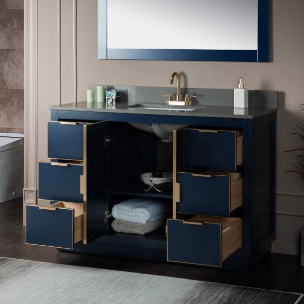 ᐅ【WOODBRIDGE Venice 36x21x33 Solid Wood Bath Vanities Side Cabinet in  Navy Blue with Gold and Engineered Stone Composite Vanity Top in Dark Gray  with 3 Pre-Drilled Holes for 8-inch Widespread Faucet.-WOODBRIDGE】