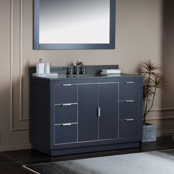 ᐅ【WOODBRIDGE Venice 36x21x33 Solid Wood Bath Vanities Side Cabinet in  Navy Blue and Gold Trim and Carrara Marble Vanity Top Cabinet with 3  Pre-Drilled Holes for 4-inches Centerset Faucet.-WOODBRIDGE】