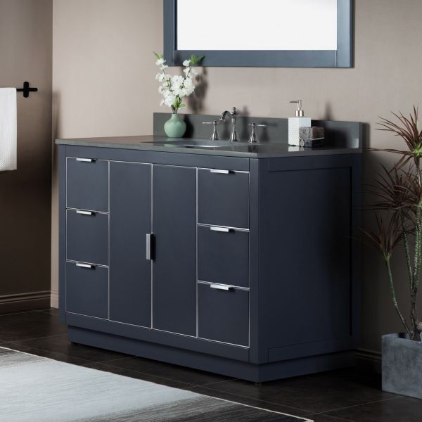 ᐅ【WOODBRIDGE Venice 36x21x33 Solid Wood Bath Vanities Side Cabinet in  Navy Blue and Gold Trim and Carrara Marble Vanity Top Cabinet with 3  Pre-Drilled Holes for 4-inches Centerset Faucet.-WOODBRIDGE】