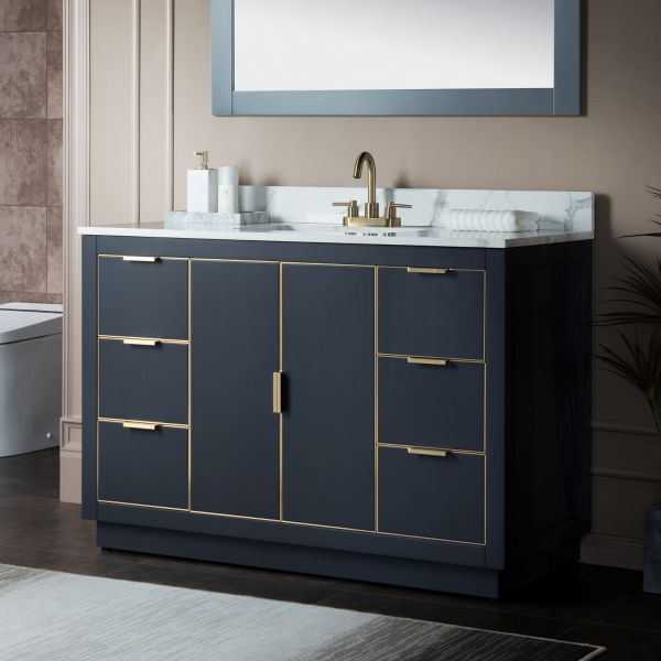 ᐅ【WOODBRIDGE Venice 36x21x33 Solid Wood Bath Vanities Side Cabinet in  Navy Blue and Gold Trim and Carrara Marble Vanity Top Cabinet with 3  Pre-Drilled Holes for 4-inches Centerset Faucet.-WOODBRIDGE】