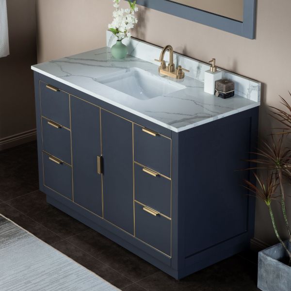 ᐅ【WOODBRIDGE Venice 36x21x33 Solid Wood Bath Vanities Side Cabinet in  Navy Blue and Gold Trim and Carrara Marble Vanity Top Cabinet with 3  Pre-Drilled Holes for 4-inches Centerset Faucet.-WOODBRIDGE】