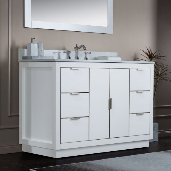 ᐅ【WOODBRIDGE Venice 36x21x33 Solid Wood Bath Vanities Side Cabinet in  Navy Blue and Gold Trim and Carrara Marble Vanity Top Cabinet with 3  Pre-Drilled Holes for 4-inches Centerset Faucet.-WOODBRIDGE】