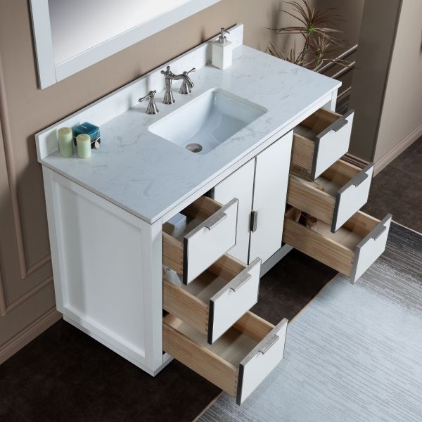 ᐅ【WOODBRIDGE Venice 36x21x33 Solid Wood Bath Vanities Side Cabinet in  Navy Blue and Gold Trim and Carrara Marble Vanity Top Cabinet with 3  Pre-Drilled Holes for 4-inches Centerset Faucet.-WOODBRIDGE】