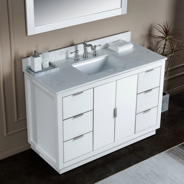 ᐅ【WOODBRIDGE Venice 36x21x33 Solid Wood Bath Vanities Side Cabinet in  Navy Blue and Gold Trim and Carrara Marble Vanity Top Cabinet with 3  Pre-Drilled Holes for 4-inches Centerset Faucet.-WOODBRIDGE】