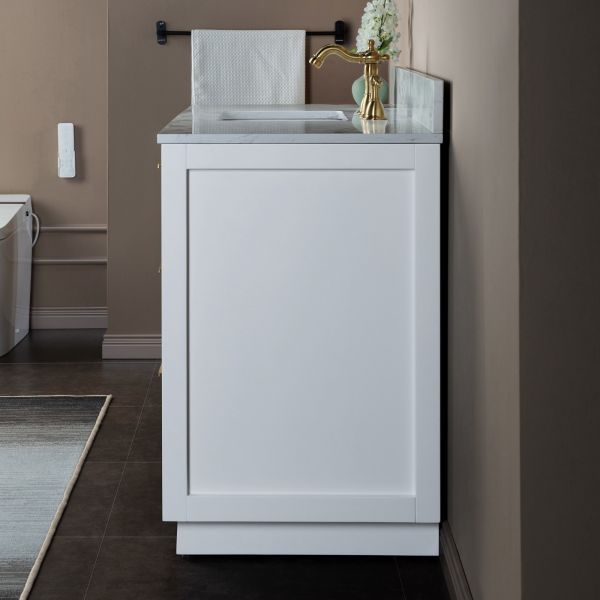 ᐅ【WOODBRIDGE Venice 48x21x33 Solid Wood Bath Vanities Side Cabinet in  Navy Blue and Gold Trim and Carrara Marble Vanity Top Cabinet with  Pre-Drilled Hole for Single Hole Faucet.-WOODBRIDGE】