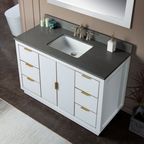 ᐅ【WOODBRIDGE Venice 48x21x33 Solid Wood Bath Vanities Side Cabinet in  Navy Blue with Gold Trim and Engineered Stone Composite Vanity Top in  Carrara White 3 Pre-Drilled Holes for 8-inch Widespread Faucet.-WOODBRIDGE】