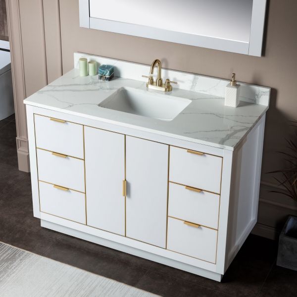 ᐅ【WOODBRIDGE Venice 36x21x33 Solid Wood Bath Vanities Side Cabinet in  Navy Blue and Gold Trim and Carrara Marble Vanity Top Cabinet with 3  Pre-Drilled Holes for 4-inches Centerset Faucet.-WOODBRIDGE】