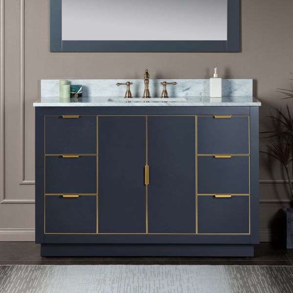 ᐅ【WOODBRIDGE Venice 36x21x33 Solid Wood Bath Vanities Side Cabinet in  Navy Blue and Gold Trim and Carrara Marble Vanity Top Cabinet with 3  Pre-Drilled Holes for 4-inches Centerset Faucet.-WOODBRIDGE】