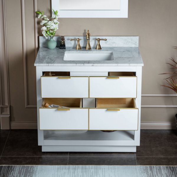 36 inch Single Solid Wood Bathroom Vanity Set, with Drawers, Carrara White Marble Top, 3 Faucet Hole, White, Size: Large