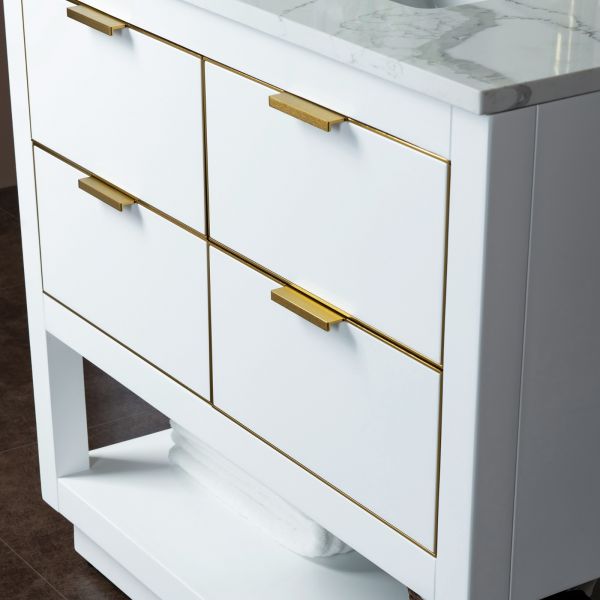 ᐅ【WOODBRIDGE Venice 36x21x33 Solid Wood Bath Vanities Side Cabinet in  Navy Blue and Gold Trim and Carrara Marble Vanity Top Cabinet with 3  Pre-Drilled Holes for 4-inches Centerset Faucet.-WOODBRIDGE】