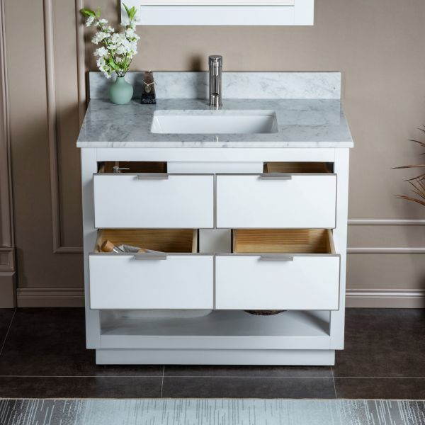 ᐅ【WOODBRIDGE Venice 36x21x33 Solid Wood Bath Vanities Side Cabinet in  Grey and Brushed Nickel Trim and Carrara Marble Vanity Top Cabinet with 3  Pre-Drilled Holes for 8-inch Widespread Faucet.-WOODBRIDGE】