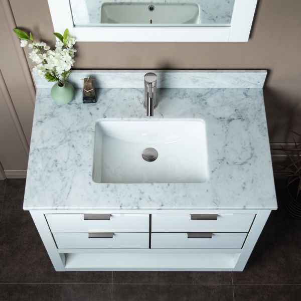 ᐅ【WOODBRIDGE Venice 36x21x33 Solid Wood Bath Vanities Side Cabinet in  Navy Blue and Gold Trim and Carrara Marble Vanity Top Cabinet with 3  Pre-Drilled Holes for 4-inches Centerset Faucet.-WOODBRIDGE】