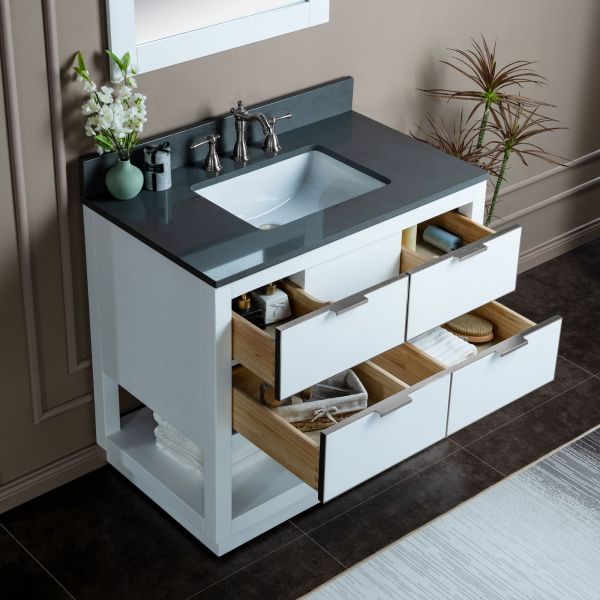 ᐅ【WOODBRIDGE Venice 36x21x33 Solid Wood Bath Vanities Side Cabinet in  Navy Blue with Gold and Engineered Stone Composite Vanity Top in Dark Gray  with 3 Pre-Drilled Holes for 8-inch Widespread Faucet.-WOODBRIDGE】