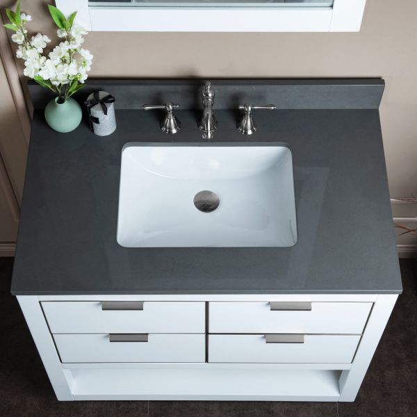 ᐅ【WOODBRIDGE Venice 36x21x33 Solid Wood Bath Vanities Side Cabinet in  Navy Blue with Gold and Engineered Stone Composite Vanity Top in Dark Gray  with 3 Pre-Drilled Holes for 8-inch Widespread Faucet.-WOODBRIDGE】