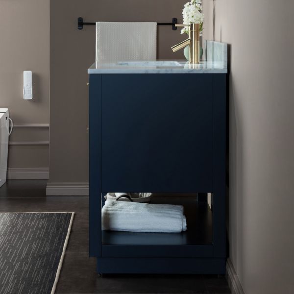 ᐅ【WOODBRIDGE Venice 36x21x33 Solid Wood Bath Vanities Side Cabinet in  Navy Blue and Gold Trim and Carrara Marble Vanity Top Cabinet with 3  Pre-Drilled Holes for 4-inches Centerset Faucet.-WOODBRIDGE】