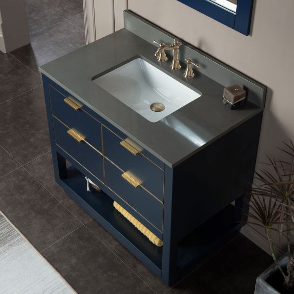 ᐅ【WOODBRIDGE Venice 48x21x33 Solid Wood Bath Vanities Side Cabinet in  Navy Blue with Gold Trim and Engineered Stone Composite Vanity Top in  Carrara White 3 Pre-Drilled Holes for 8-inch Widespread Faucet.-WOODBRIDGE】