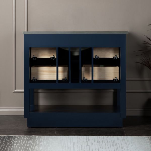 ᐅ【WOODBRIDGE Venice 36x21x33 Solid Wood Bath Vanities Side Cabinet in  Navy Blue with Gold and Engineered Stone Composite Vanity Top in Dark Gray  with 3 Pre-Drilled Holes for 8-inch Widespread Faucet.-WOODBRIDGE】