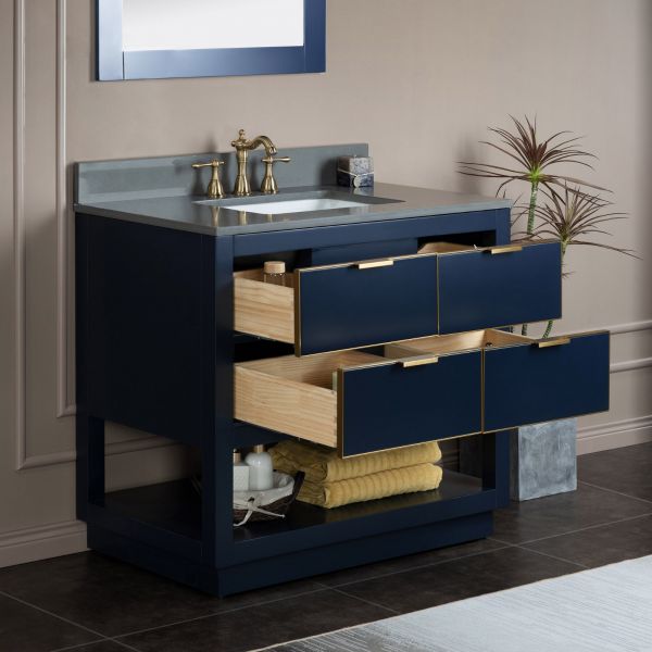 ᐅ【WOODBRIDGE Venice 48x21x33 Solid Wood Bath Vanities Side Cabinet in  Navy Blue with Gold Trim and Engineered Stone Composite Vanity Top in  Carrara White 3 Pre-Drilled Holes for 8-inch Widespread Faucet.-WOODBRIDGE】