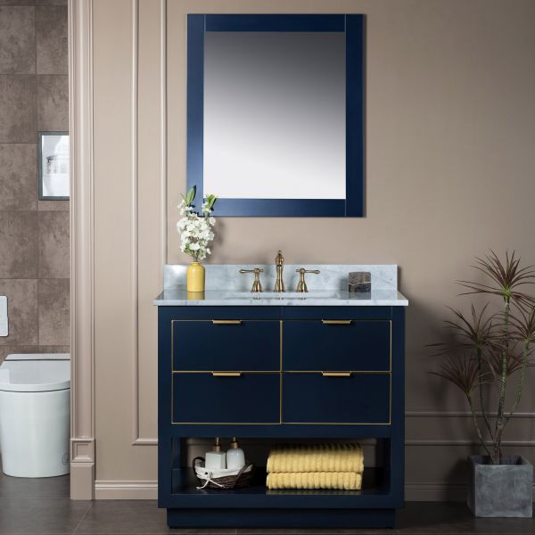 ᐅ【WOODBRIDGE Venice 48x21x33 Solid Wood Bath Vanities Side Cabinet in  Navy Blue and Gold Trim and Carrara Marble Vanity Top Cabinet with  Pre-Drilled Hole for Single Hole Faucet.-WOODBRIDGE】