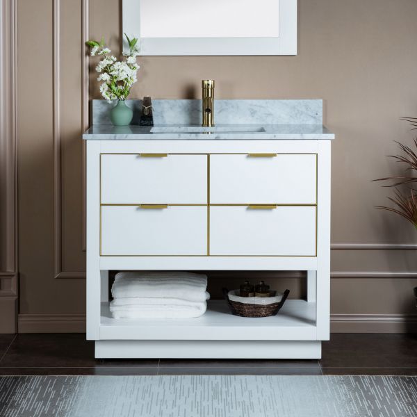 ᐅ【WOODBRIDGE Venice 48x21x33 Solid Wood Bath Vanities Side Cabinet in  White and Gold Trim and Carrara Marble Vanity Top Cabinet with Pre-Drilled  Hole for Single Hole Faucet.-WOODBRIDGE】