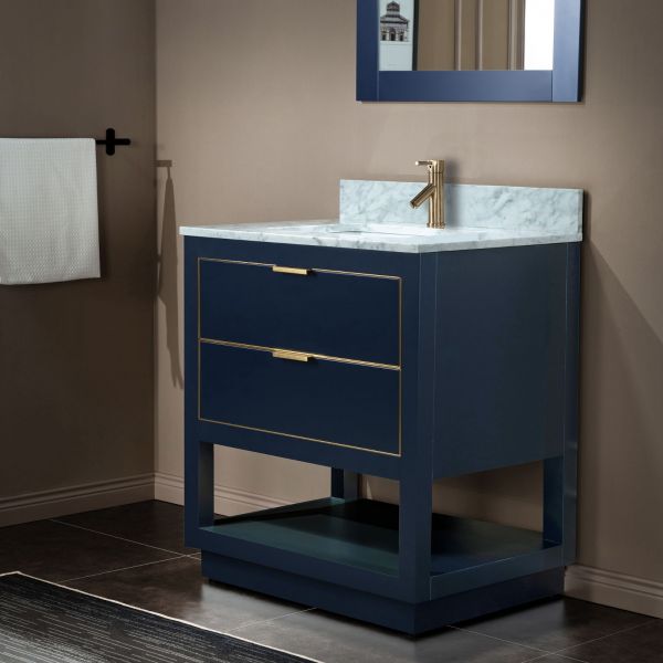 ᐅ【WOODBRIDGE Venice 48x21x33 Solid Wood Bath Vanities Side Cabinet in  Navy Blue with Gold Trim and Engineered Stone Composite Vanity Top in  Carrara White 3 Pre-Drilled Holes for 8-inch Widespread Faucet.-WOODBRIDGE】