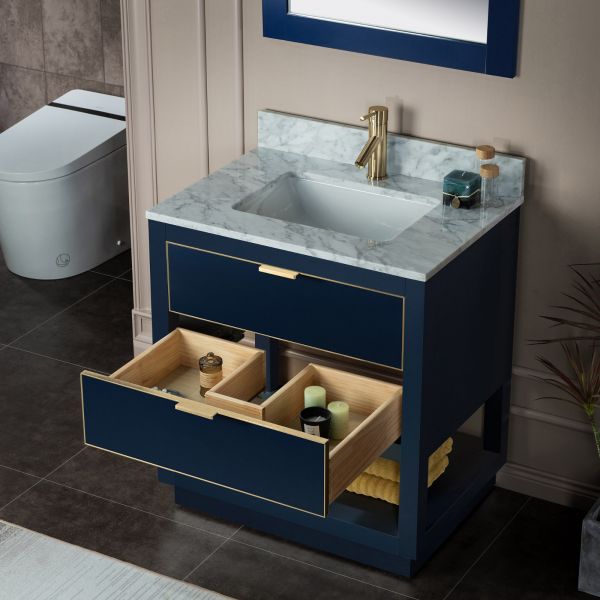 ᐅ【WOODBRIDGE Venice 48x21x33 Solid Wood Bath Vanities Side Cabinet in  Navy Blue with Gold Trim and Engineered Stone Composite Vanity Top in  Carrara White 3 Pre-Drilled Holes for 8-inch Widespread Faucet.-WOODBRIDGE】