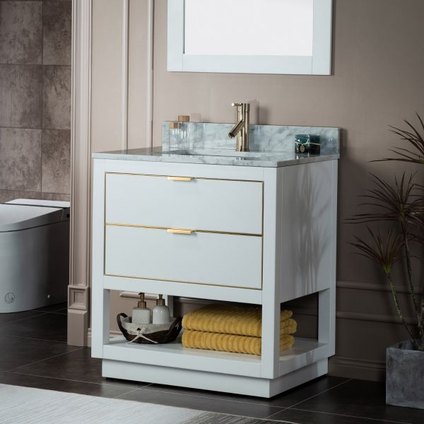 ᐅ【WOODBRIDGE Venice 48x21x33 Solid Wood Bath Vanities Side Cabinet in  Navy Blue and Gold Trim and Carrara Marble Vanity Top Cabinet with  Pre-Drilled Hole for Single Hole Faucet.-WOODBRIDGE】