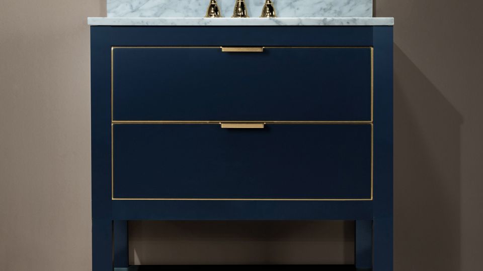 ᐅ【WOODBRIDGE Venice 36x21x33 Solid Wood Bath Vanities Side Cabinet in  Navy Blue with Gold and Engineered Stone Composite Vanity Top in Dark Gray  with 3 Pre-Drilled Holes for 8-inch Widespread Faucet.-WOODBRIDGE】