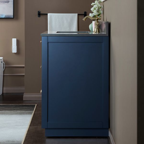 ᐅ【WOODBRIDGE Venice 48x21x33 Solid Wood Bath Vanities Side Cabinet in  Navy Blue with Gold Trim and Engineered Stone Composite Vanity Top in  Carrara White 3 Pre-Drilled Holes for 8-inch Widespread Faucet.-WOODBRIDGE】
